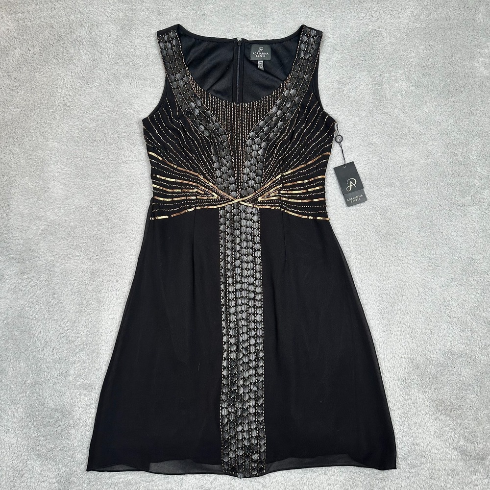 Adrianna Papell‎ Black/Gold beaded scoop neck sleeveless Mini Dress Size 8